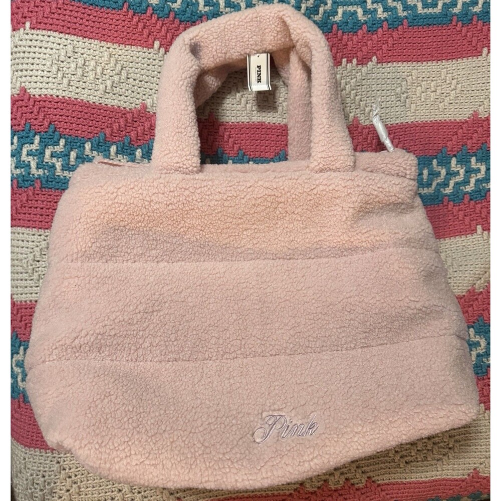 PINK Sherpa Tote Bag Pink Large embroiled logo
